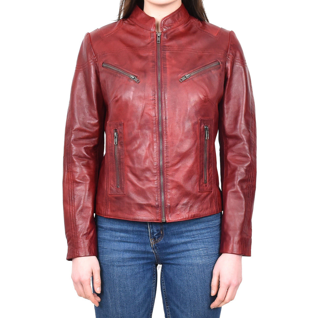 DR200 Ladies Classic Casual Biker Leather Jacket Barn Red 1