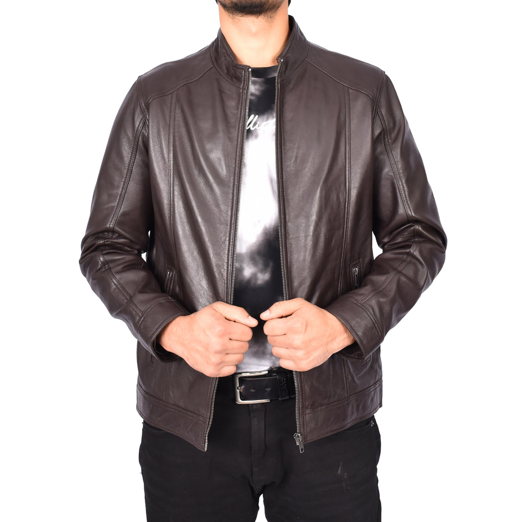 Men's Casual Biker Real Leather Jacket Brown Verner 1