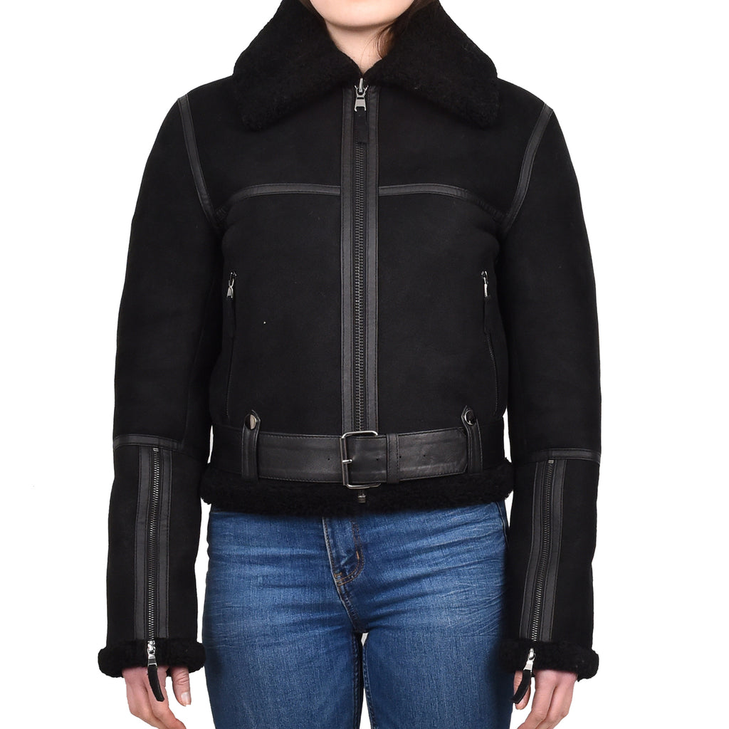 DR228 Women's Retro Sheepskin Leather Jacket Short Black 1