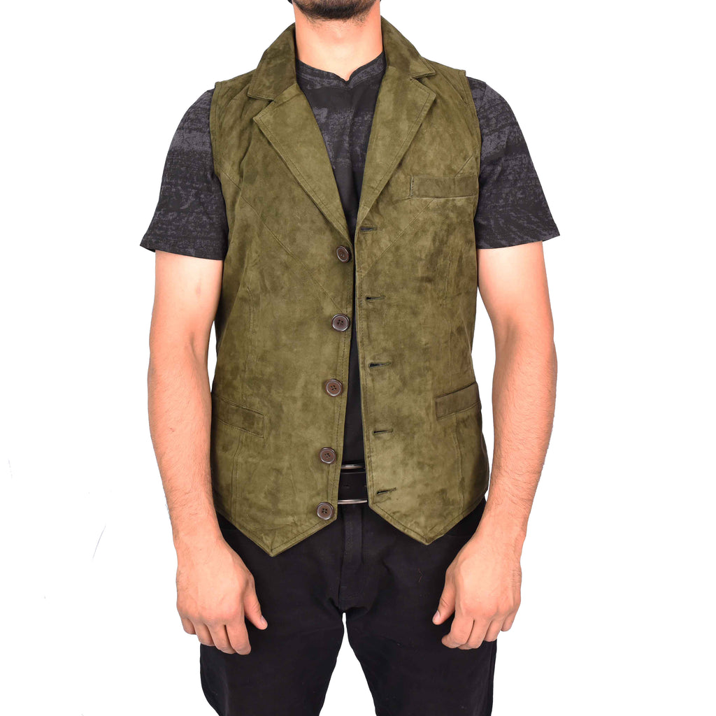 Men's Blazer Style Suede Leather Waistcoat Gents Vests Green Howie-1