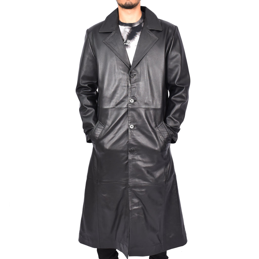 Men's Long Full Anchor Length Coat Real Sheep Leather Classic Black Rosco-1