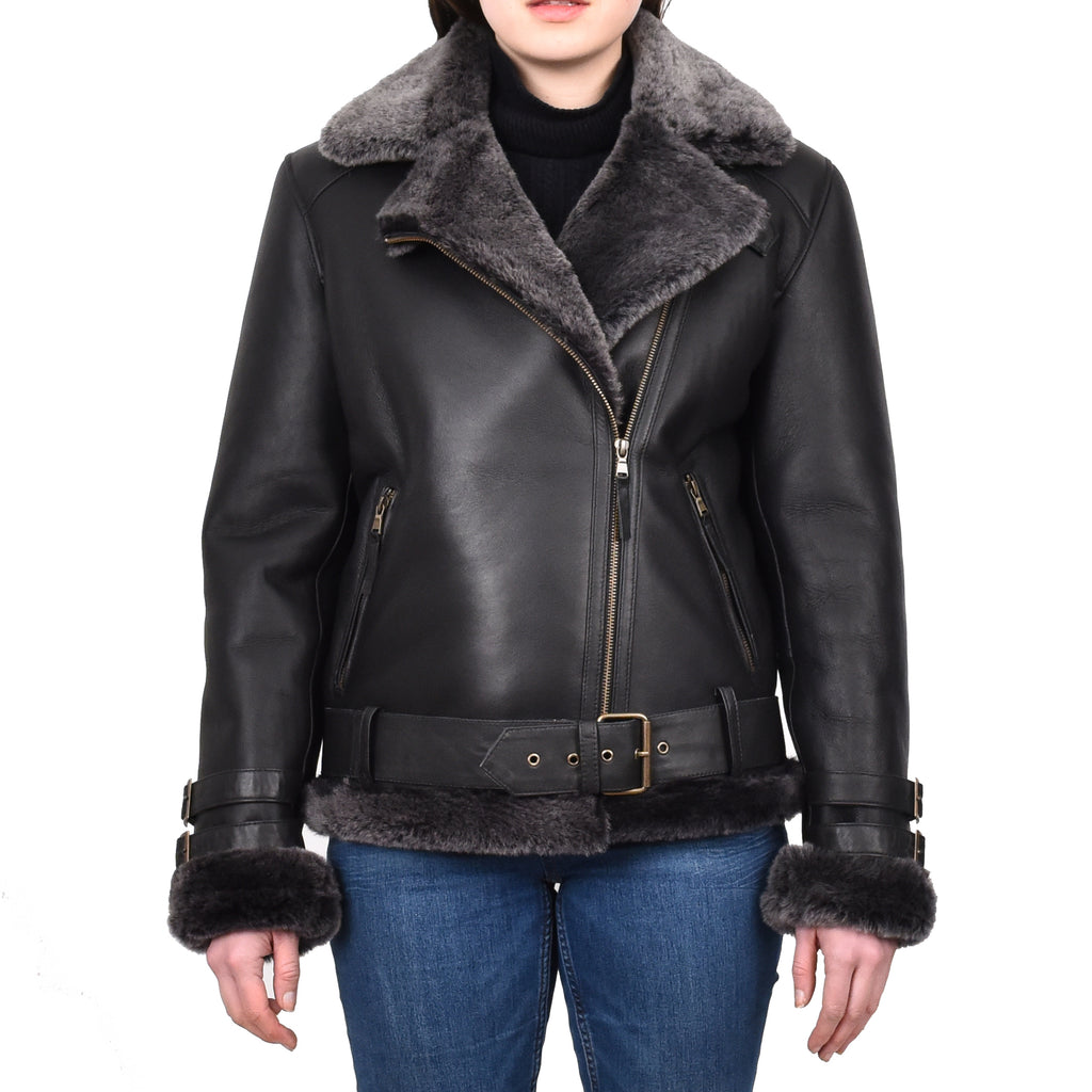 DR251 Women's Sheepskin Italian Classic Look Leather Jacket Black 1