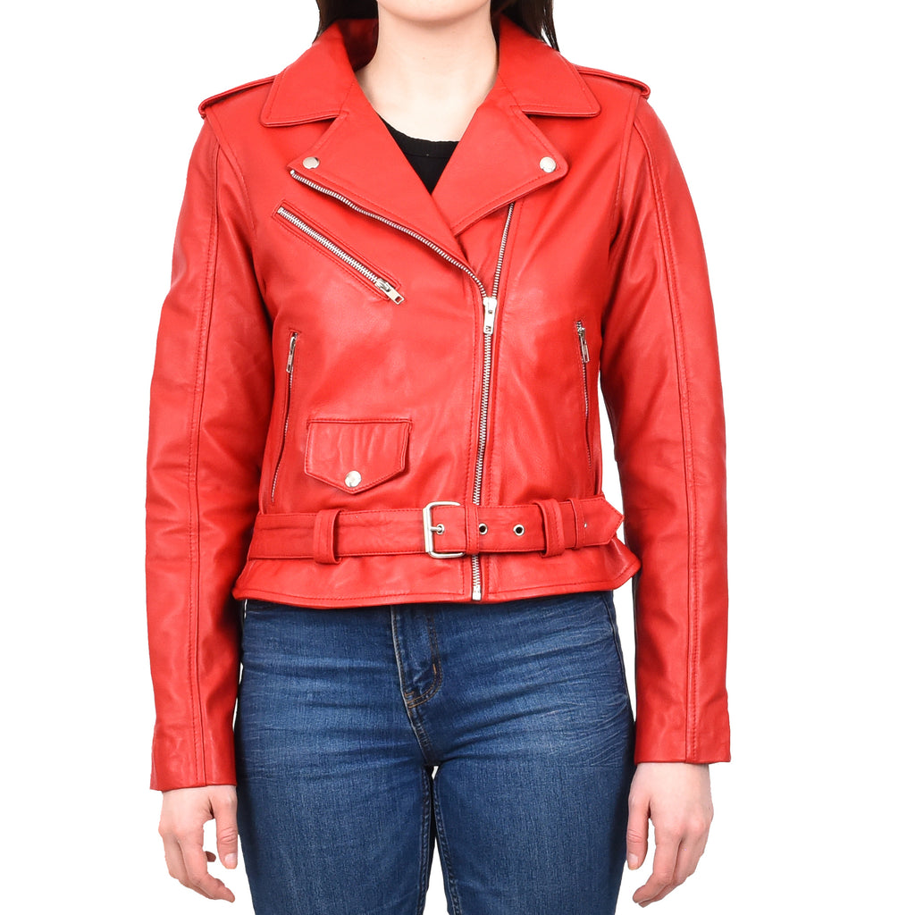 DR199 Women's Hard Ride Biker Style Leather Jacket Red 1