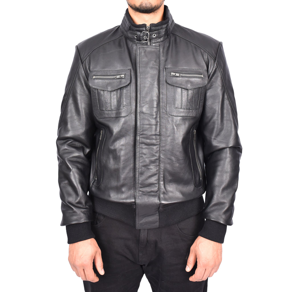 Men's Bomber Style Real Leather Jacket Black Boden-2