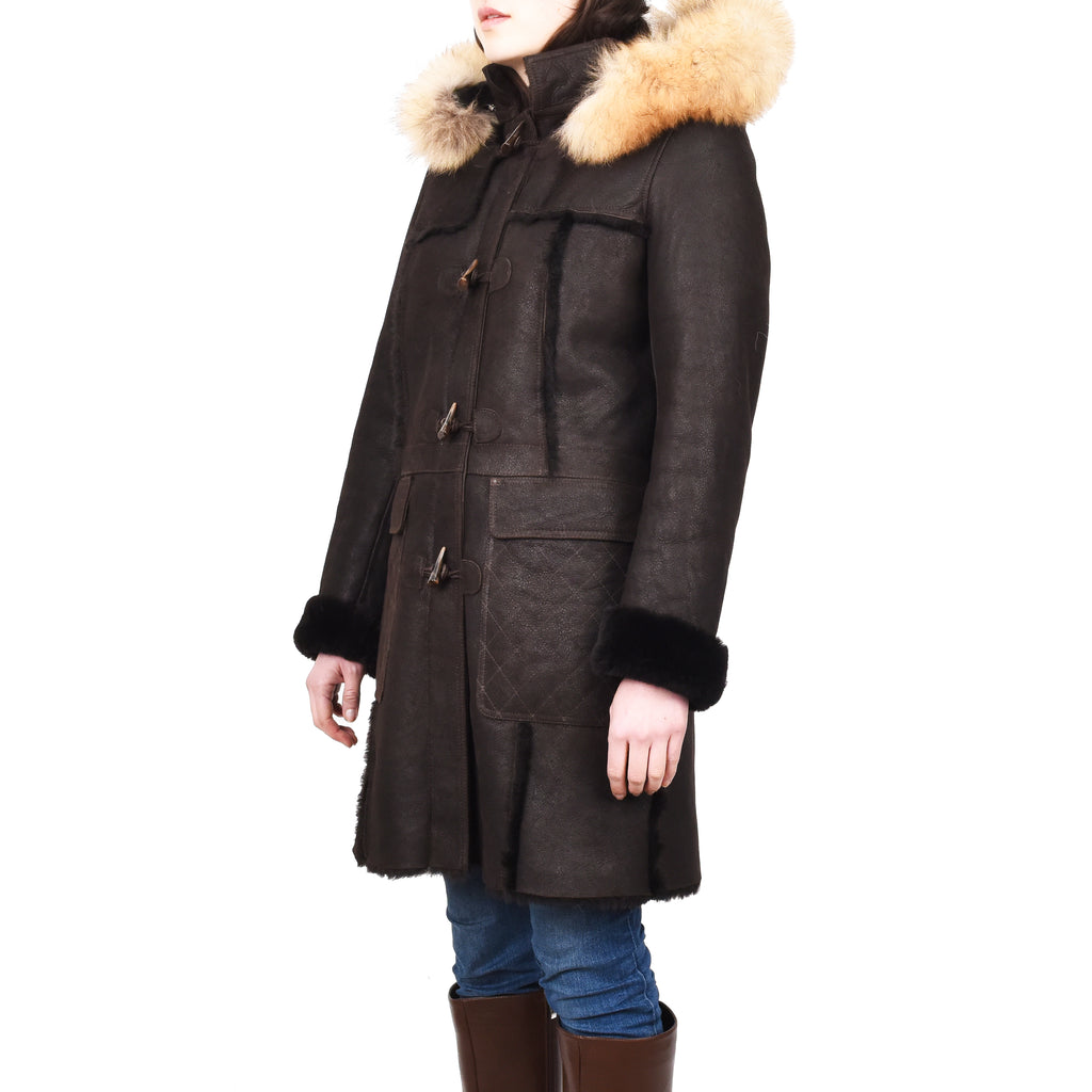 Women's Real Shearling Sheepskin Italian Classic Coat Brown Birna 4