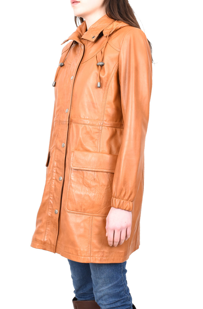 DR218 Women's Smart Long Leather Coat Hood Tan 2