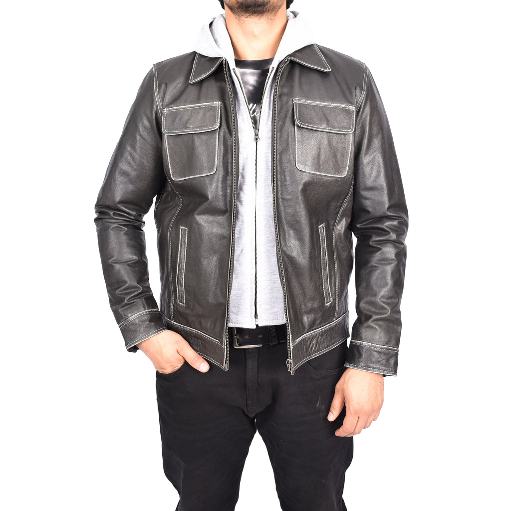 Men's Detachable Hood Biker Real Leather Jacket Kelby Grey-2