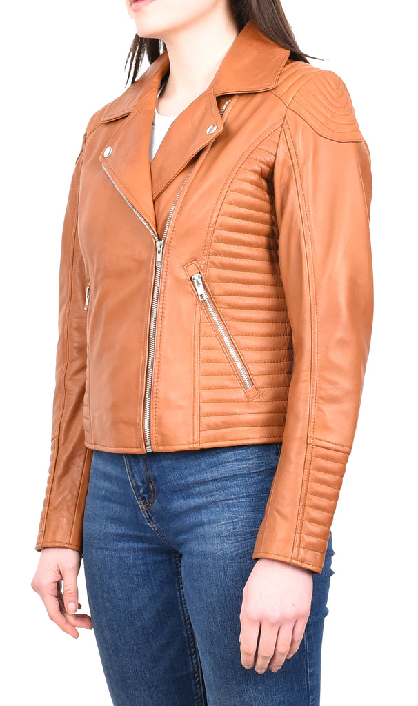 DR206 Women's Soft Leather Cross Zip Biker Jacket Tan 2