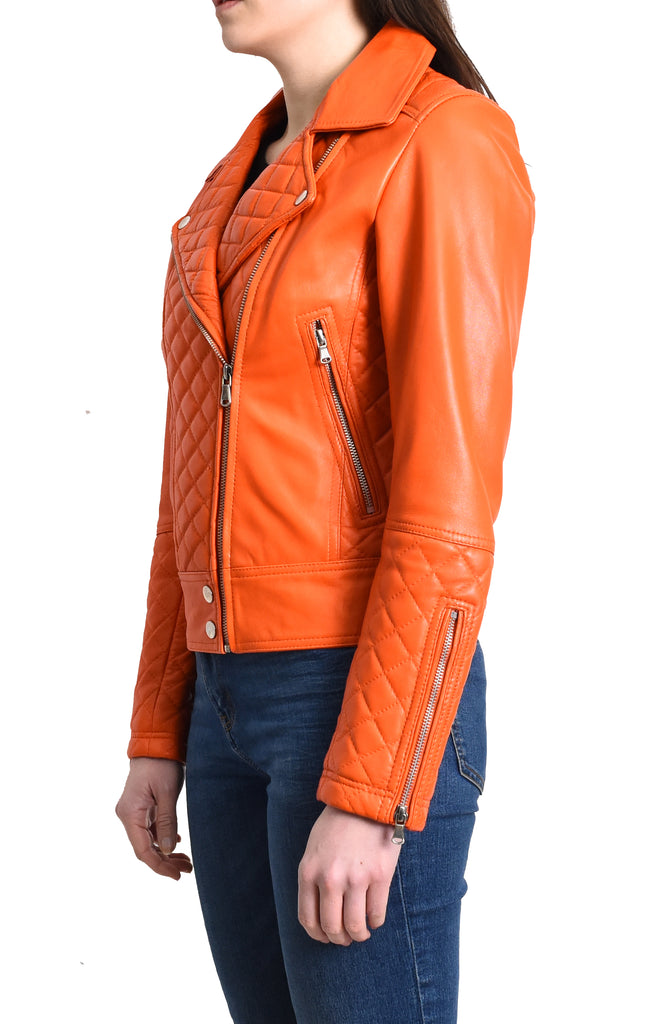 DR238 Women's Leather Biker Jacket with Quilt Detail Orange 2