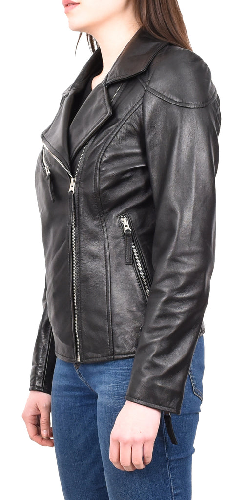 DR570 Women's Cross Zip Pocketed Real Leather Biker Jacket Black 2