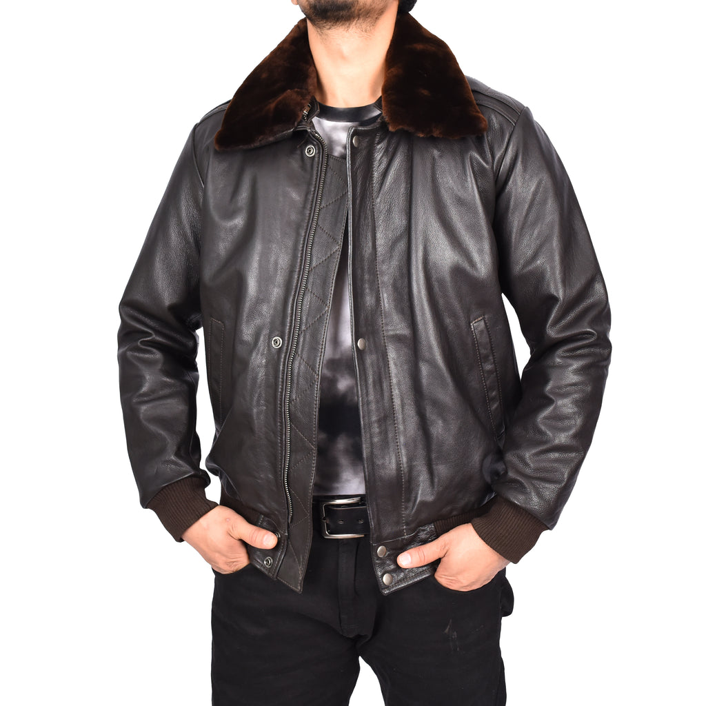 Men's Real Leather Bomber Pilot Jacket Removable Collar Brown Edzard-2