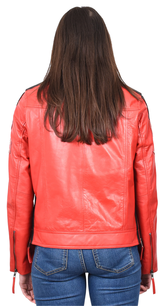 DR674 Women's Soft Real Leather Racing Biker Jacket Red 2