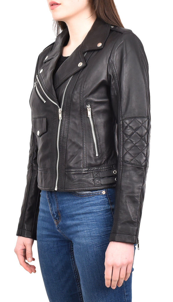 DR207 Women's Real Leather Biker Cross Zip Jacket Black 2