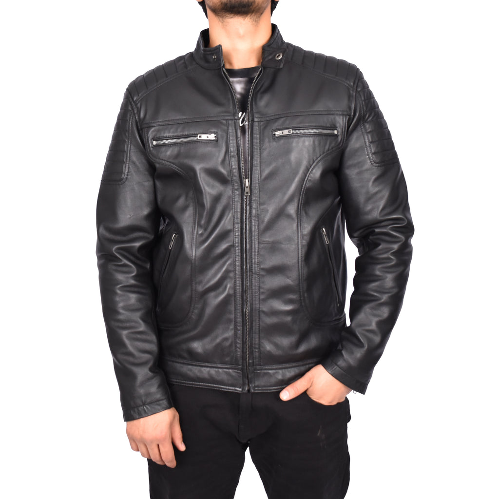 Men's Genuine Leather Biker Style Zip Jacket Black Anton-2