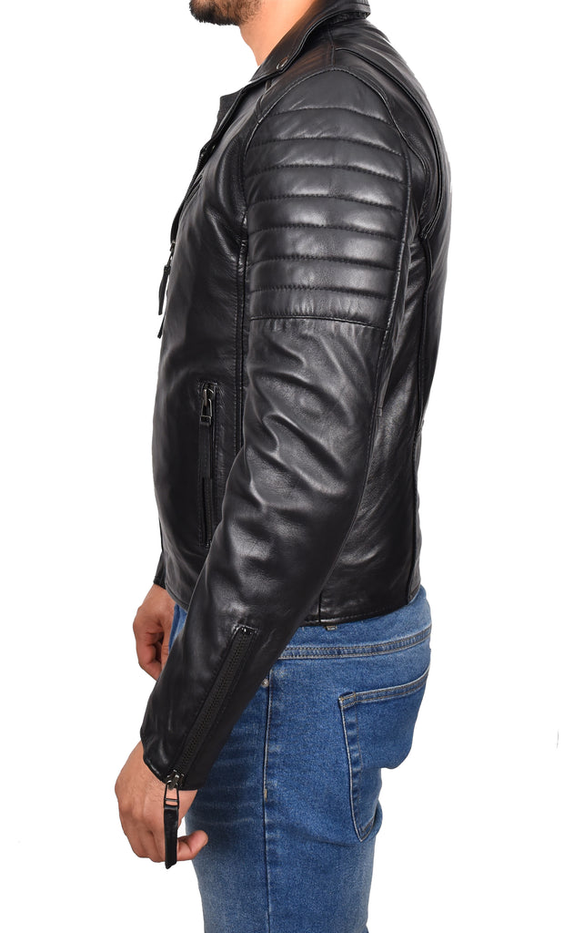 DR145 Men's Quilted Biker Leather Jacket Black 2