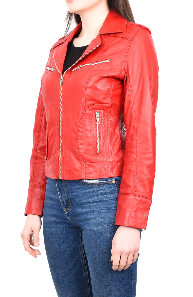 DR194 Women's Casual Leather Biker Jacket Short Red 2