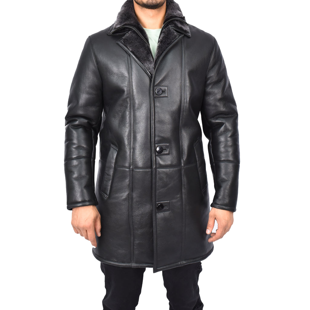 Mens Retro ¾ Length Long Real Shearling Sheepskin Coat Winter Warm Bastian Black-1