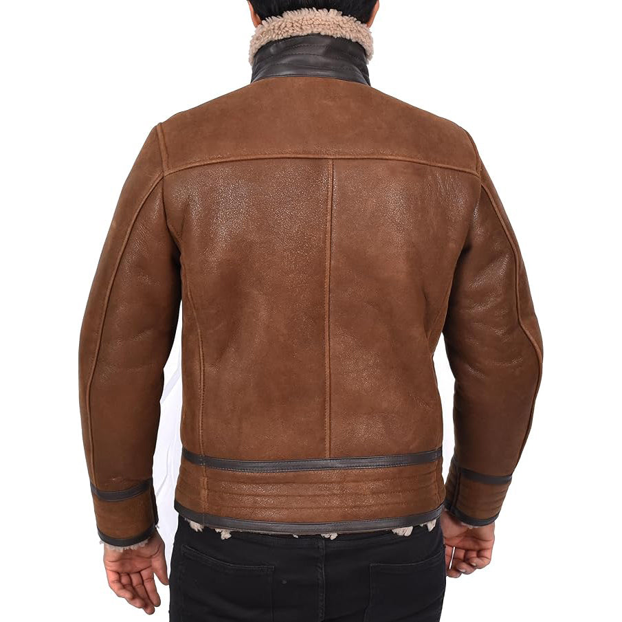 Men’s Retro Pilot Sheepskin Leather Biker Jacket  Flying Aviator Style Casper Brown-2