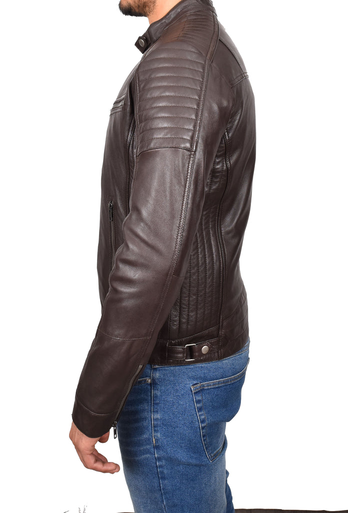 DR101 Men's Leather Cafe Racer Biker Jacket Brown 2