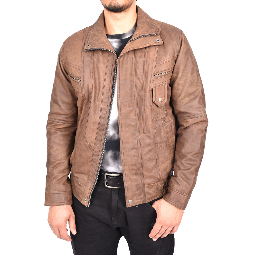 Men's Real Nubuck Leather Classic Brown Jacket Bomber Blouson Style Errick-2