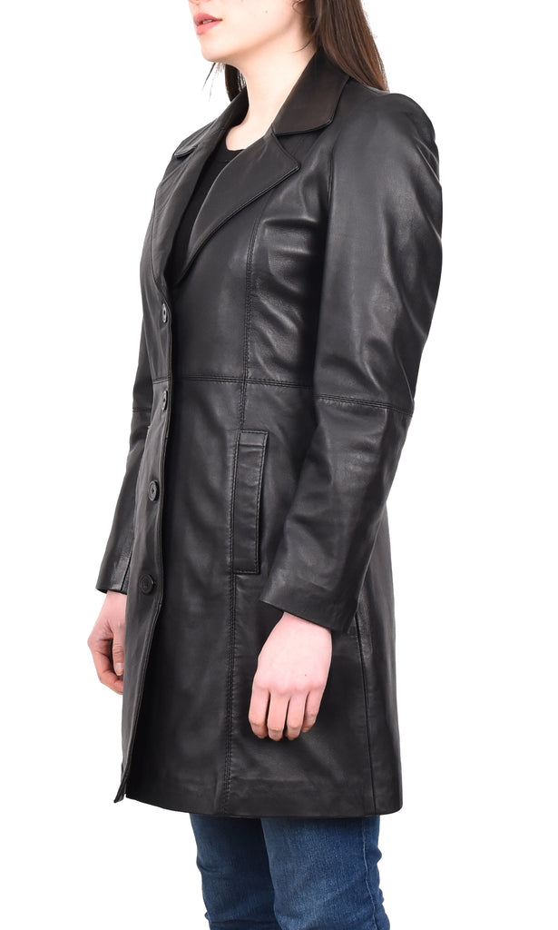 DR196 Women's 3/4 Length Soft Leather Classic Coat Black 2