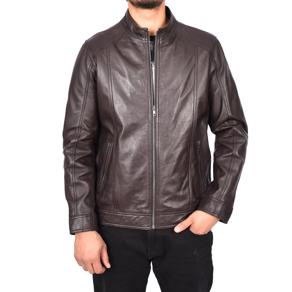 Men's Casual Biker Real Leather Jacket Brown Verner 2