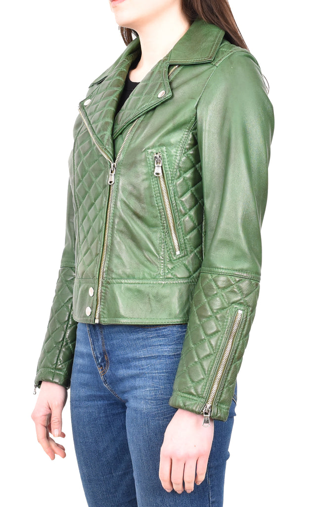 DR238 Women's Leather Biker Jacket with Quilt Detail Green 2