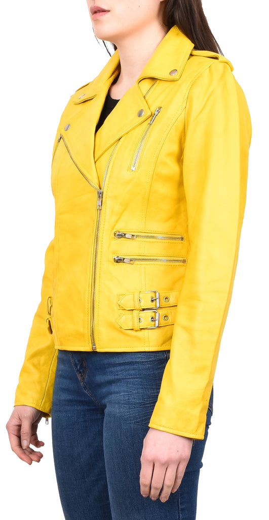 DR195 Women’s Trendy Biker Leather Jacket Yellow Vintage 2