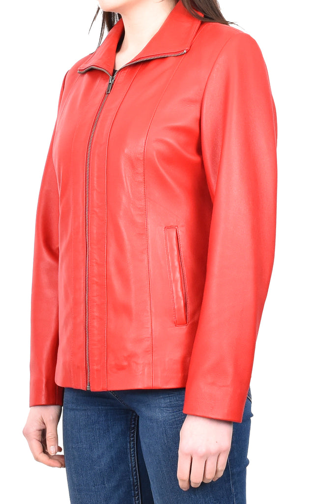 DR202 Women's Casual Semi Fitted Leather Jacket Red 2