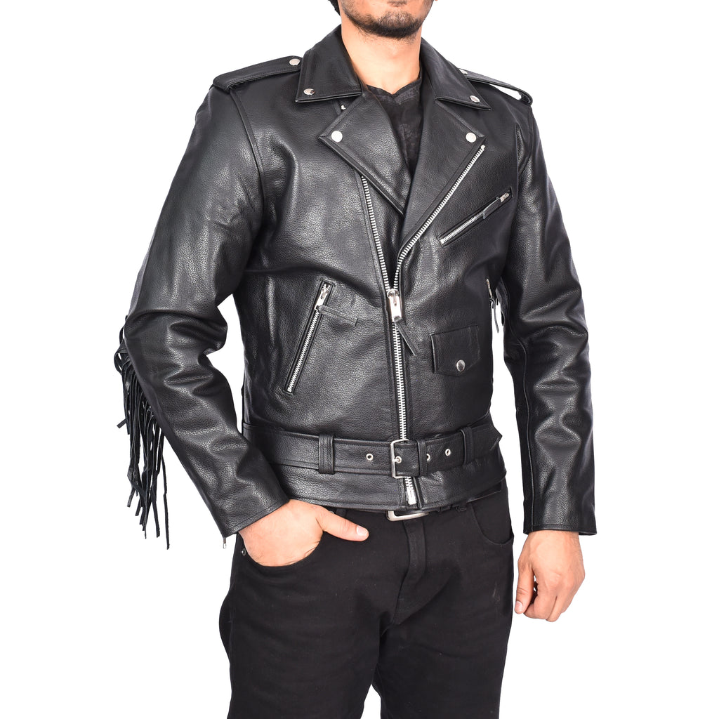 Men’s Biker Leather Jacket With Fringes Tassels Style Black Jarrel-2