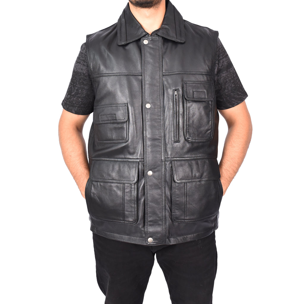 Men's Camping Gilet Fisherman Leather Waistcoat Black Davin 2
