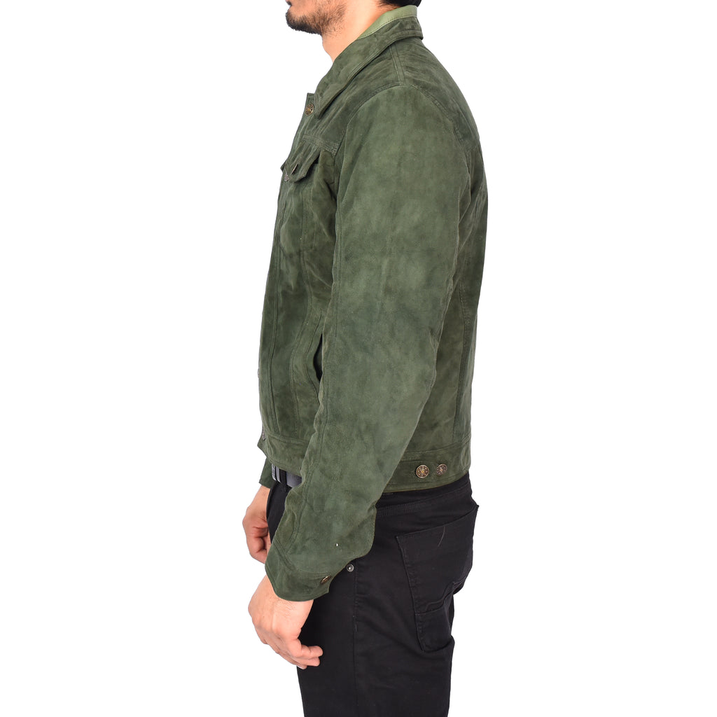 Men's Genuine Suede Buttoned Leather Jacket Trucker Style Green Rorik-2