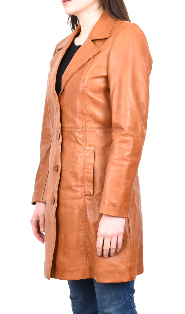 DR196 Women's 3/4 Length Soft Leather Classic Coat Tan 2