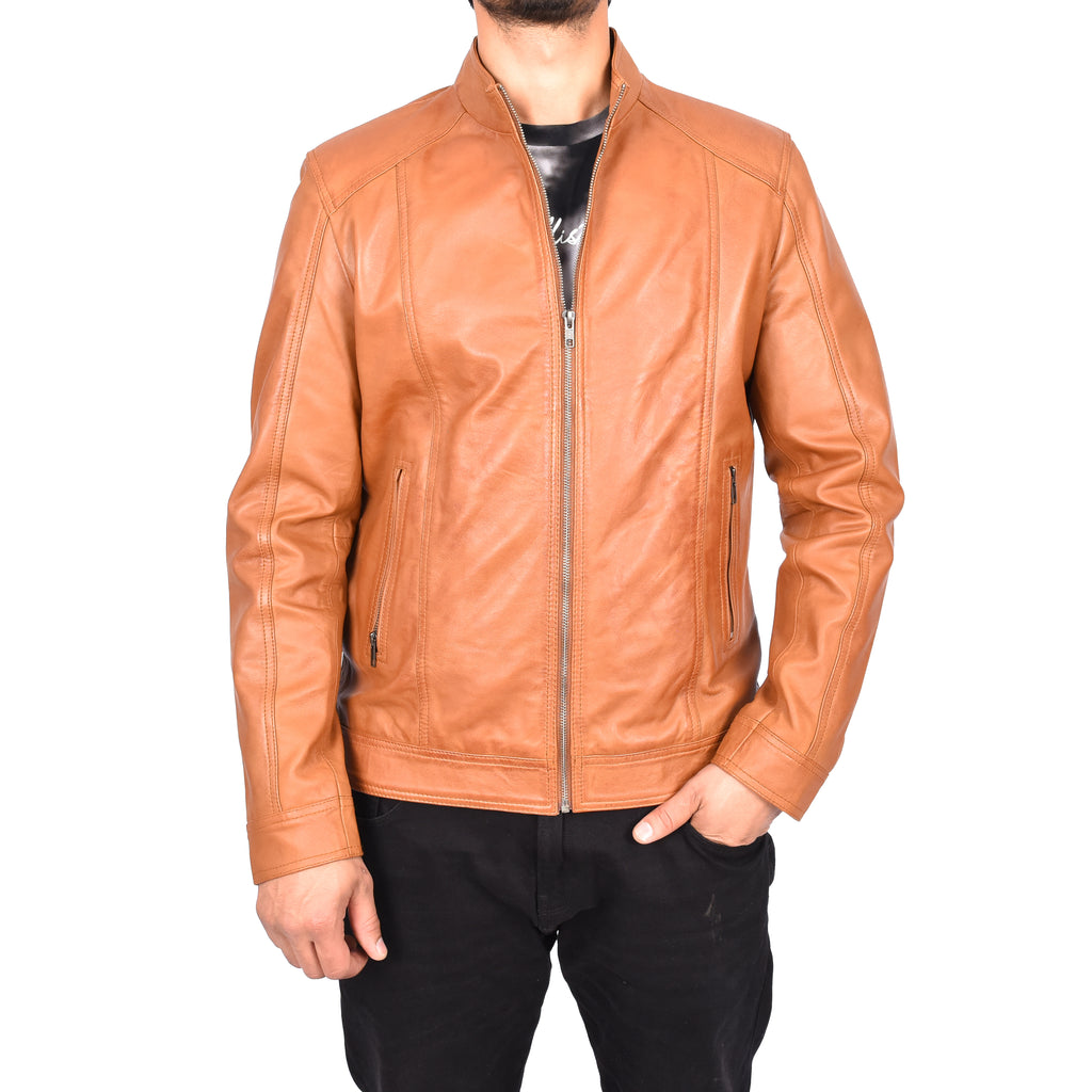 Men's Casual Biker Real Leather Jacket Tan Verner 2