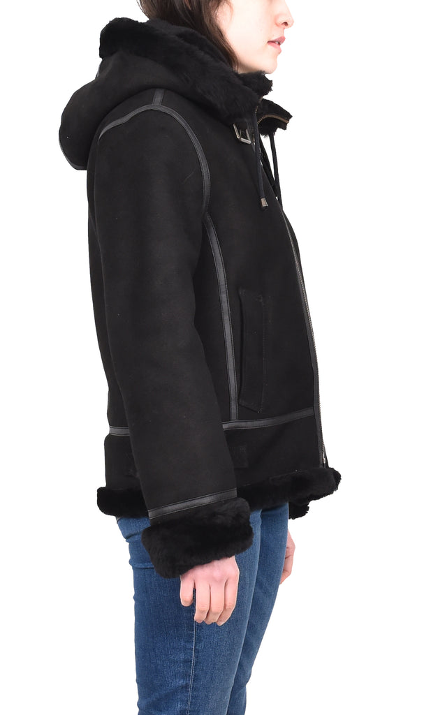 DR248 Women's Real Sheepskin Winter Warm Jacket Black 3