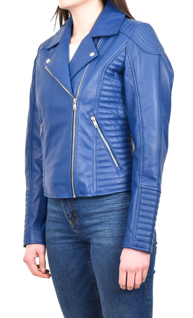 DR206 Women's Soft Leather Cross Zip Biker Jacket Blue 2