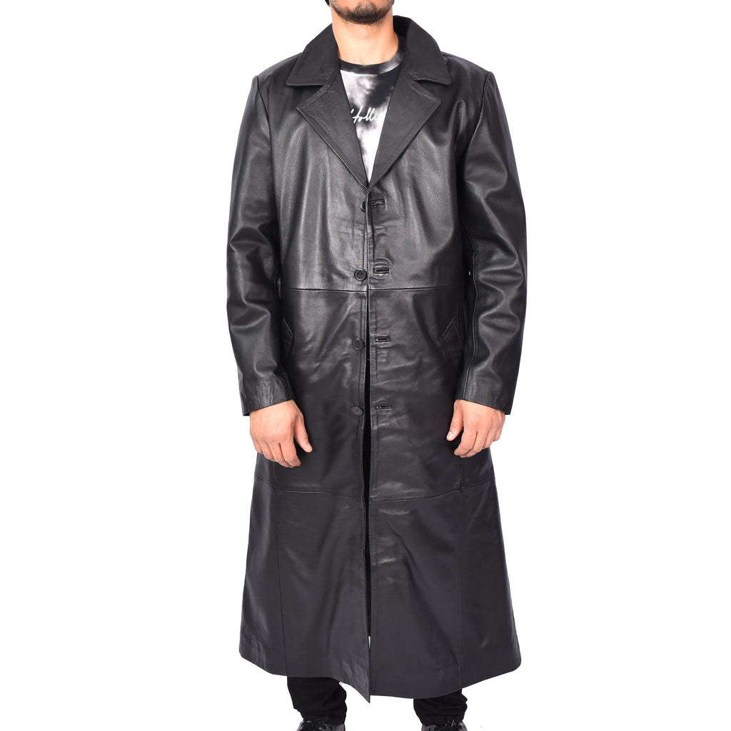 Men's Long Full Anchor Length Coat Real Sheep Leather Classic Black Rosco-2