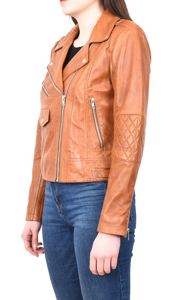 DR207 Women's Real Leather Biker Cross Zip Jacket Tan 2