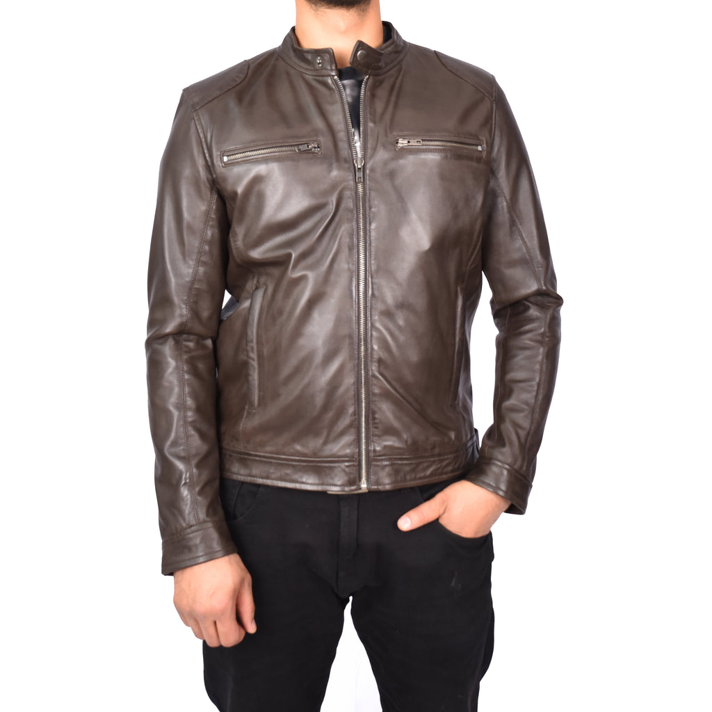 Men's Vintage Style Biker Real Leather Jacket Brown Dagen-2