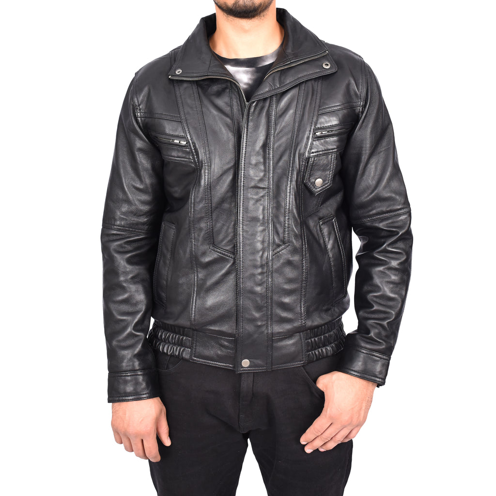 Men's Real Leather Classic Black Jacket Bomber Blouson Style Errick-2