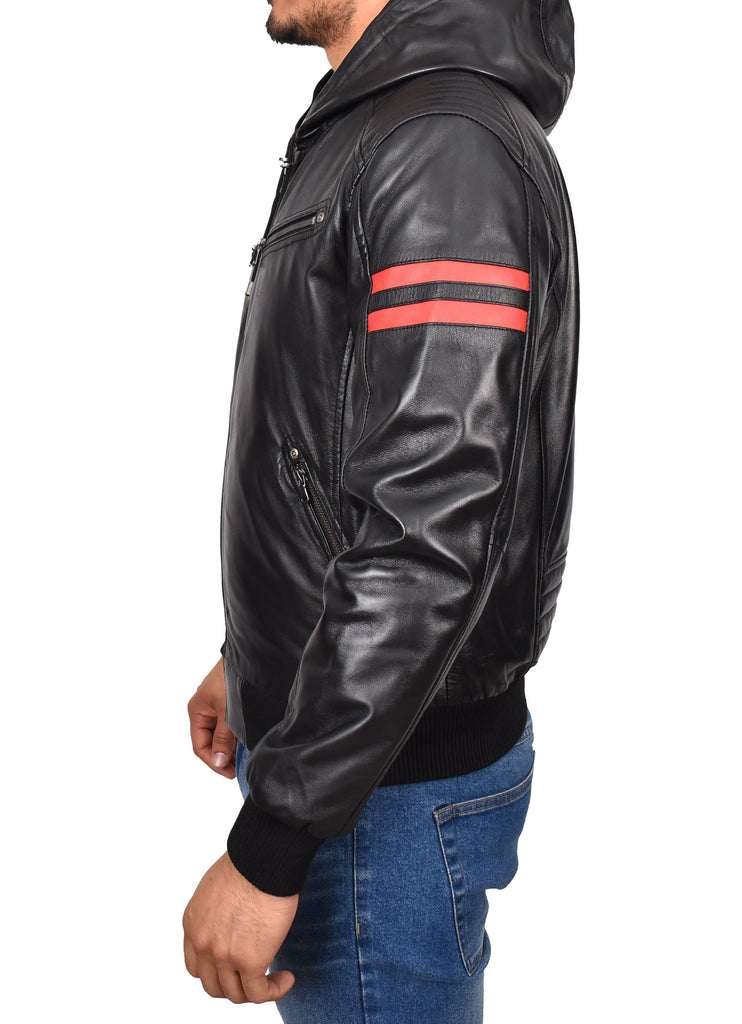 DR562 Men's Leather Hooded Bomber Jacket Black 2