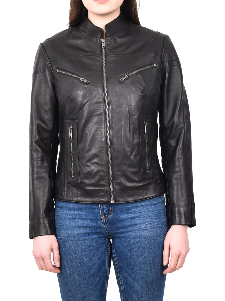 DR200 Ladies Classic Casual Biker Leather Jacket Black 2