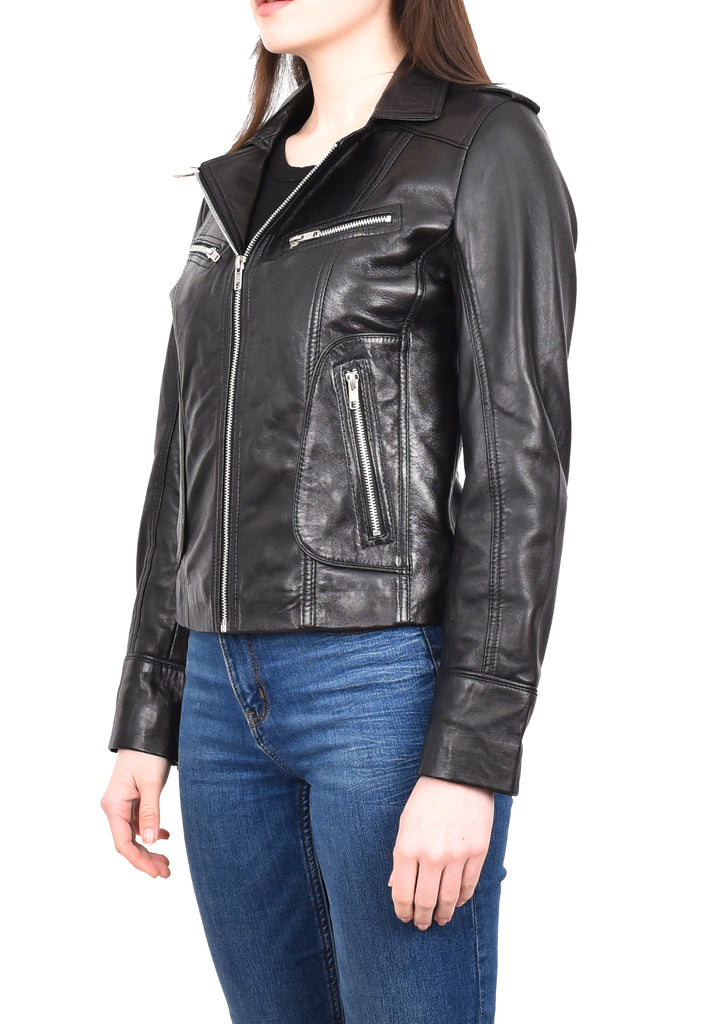 DR194 Women's Casual Leather Biker Jacket Short Black 2