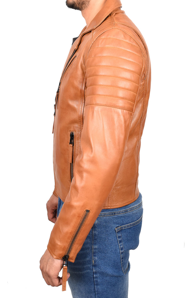 DR145 Men's Quilted Biker Leather Jacket Tan 2