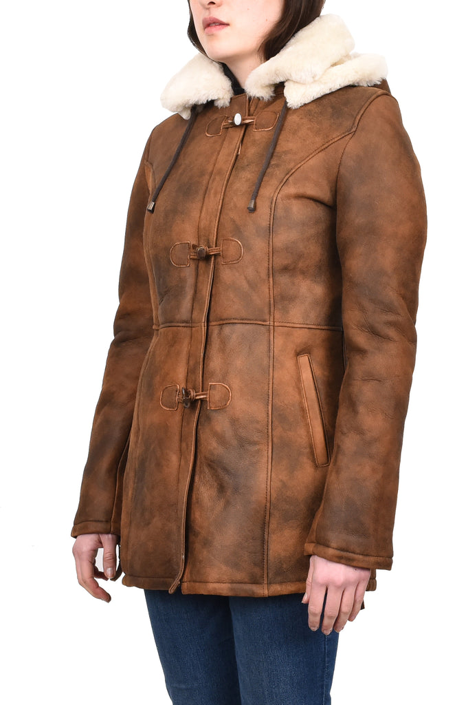 DR229 Women's Sheepskin Duffle Coat Mid Length Tan 2