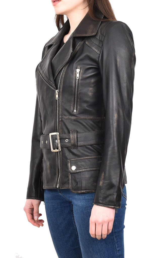 DR205 Women’s Slim Fit Cut Hip Length Biker Leather Jacket Rub off 2