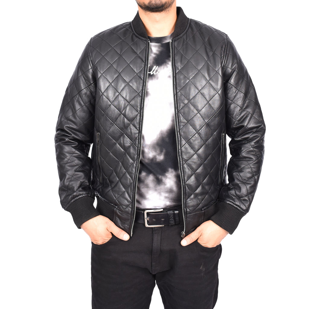 Men's Real Leather Quilted Bomber Jacket Black Raulin-2