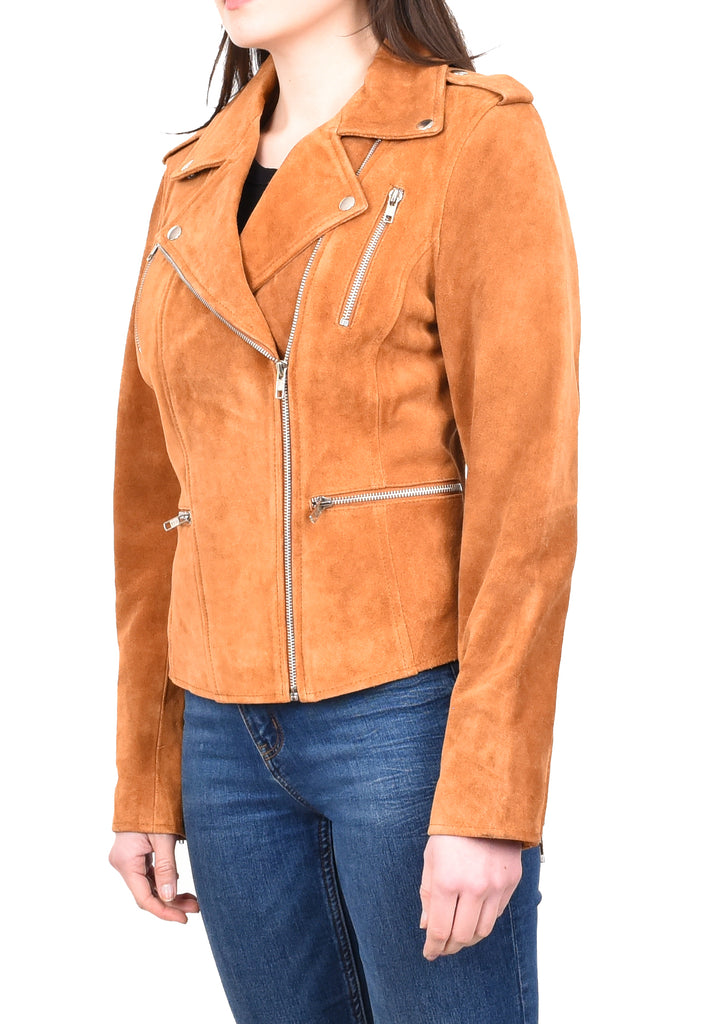 DR217 Women's Hardrock Biker Chich Leather Jacket Tan 2