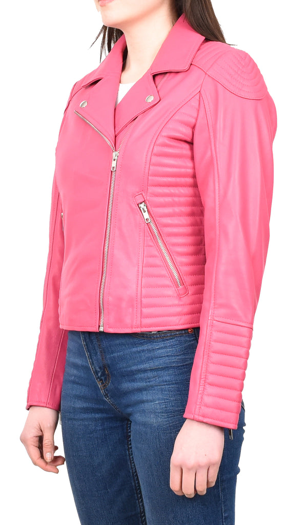 DR206 Women's Soft Leather Cross Zip Biker Jacket Pink 2