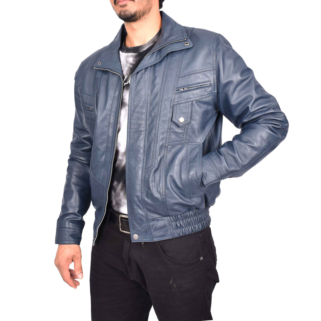 Men's Real Leather Classic Blue Jacket Bomber Blouson Style Errick-2